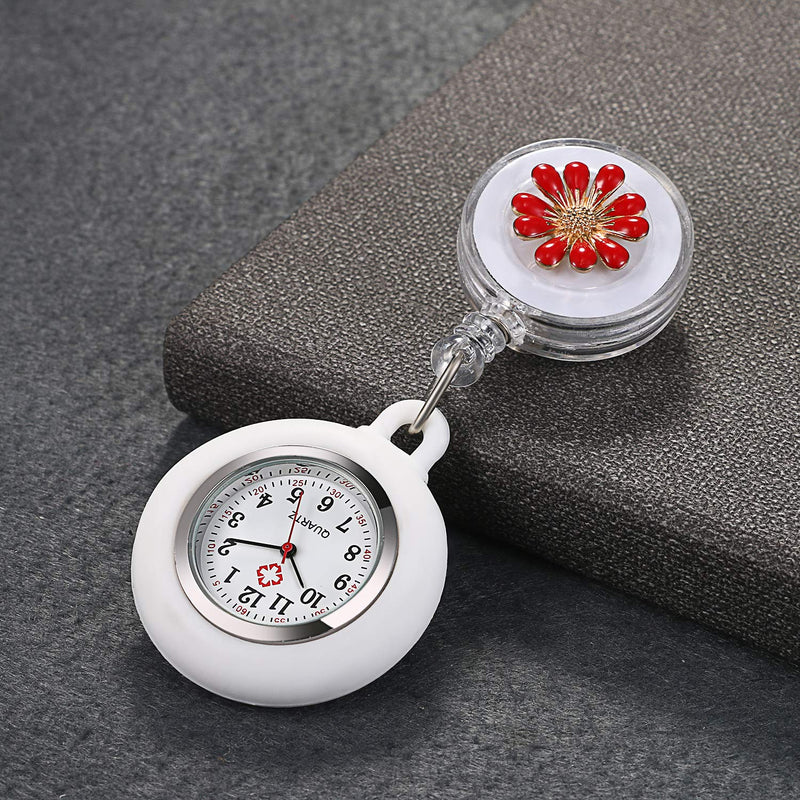 [Australia] - AVANER Retractable Nurse Watches Clip-on Hanging Fob Watches Cute Flower Pattern Lapel Watches with Silicone Cover for Nurses Doctors red 