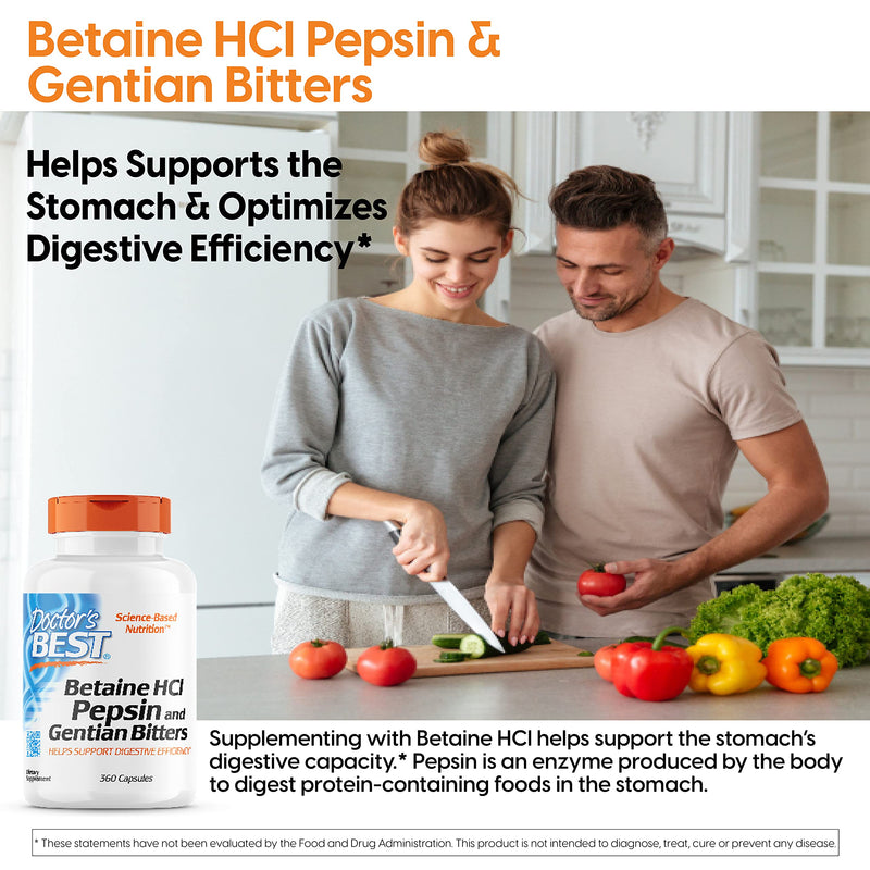 [Australia] - Doctor's Best Betaine HCI Pepsin & Gentian Bitters, Digestive Enzymes for Protein Breakdown & Absorption, Non-GMO, Gluten Free, 360 Count (Pack of 1) 