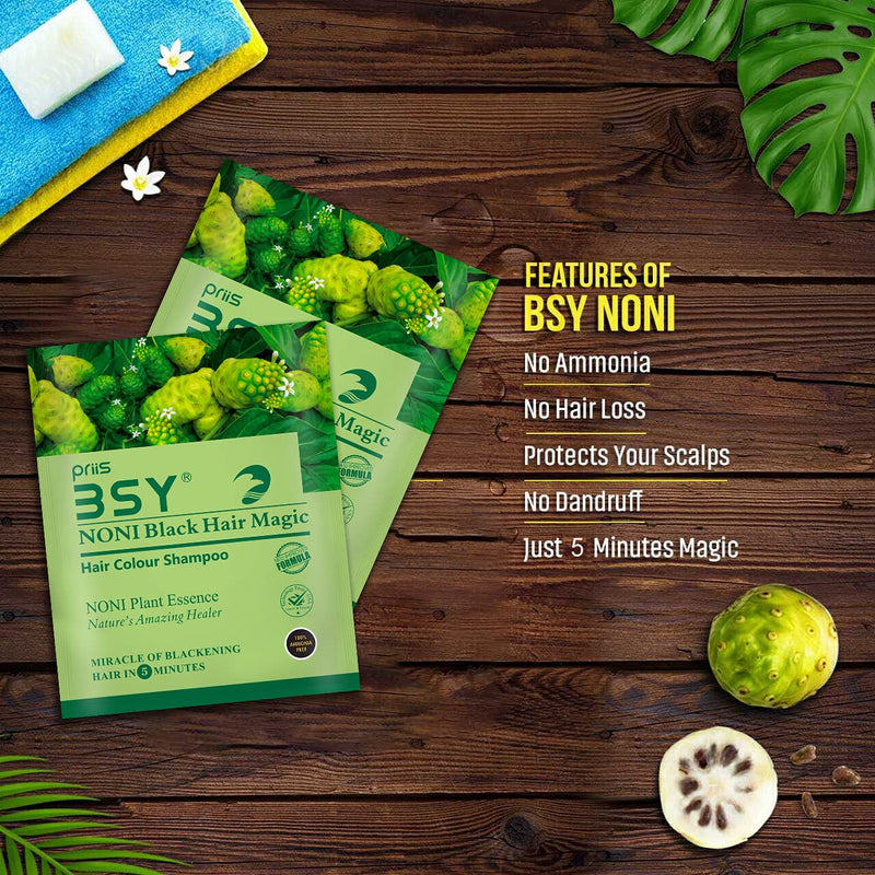 [Australia] - BSY Noni black hair magic shampoo | Noni hair colour | Noni hair dye | Hair dye | Hair dye shampoo | shampoo based hair color | 10 Mins hair color | Ammonia-free hair color | shampoo|(20mlX10) 