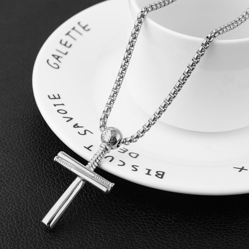 [Australia] - HZMAN Baseball Cross Sports Pendant Stainless Steel Baseball Bat Cross Necklace, Large and Small Silver - PH 4:13 