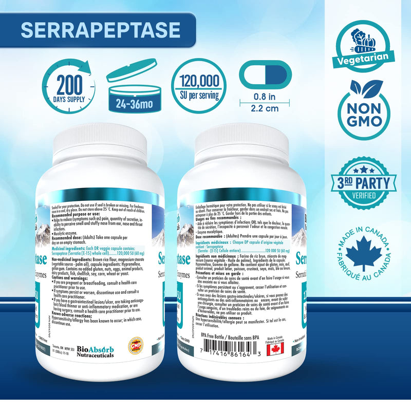 [Australia] - Serrapeptase Enzyme, High Potency 120000 Units (SPU), 200-Day Supply, Delayed Release Vegetarian Capsules (DRcaps) for Maximum Absorption 200 Count (Pack of 1) 