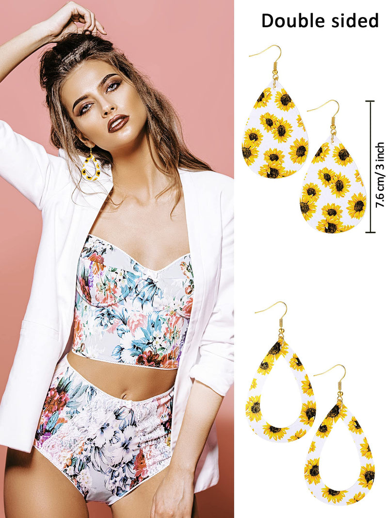 [Australia] - 3 Pieces Women Sunflower Print Jewelry Set, Includes 2 Pairs Faux Leather Teardrop Dangle Earrings, Sunflower Multilayer Bracelet (White) White 