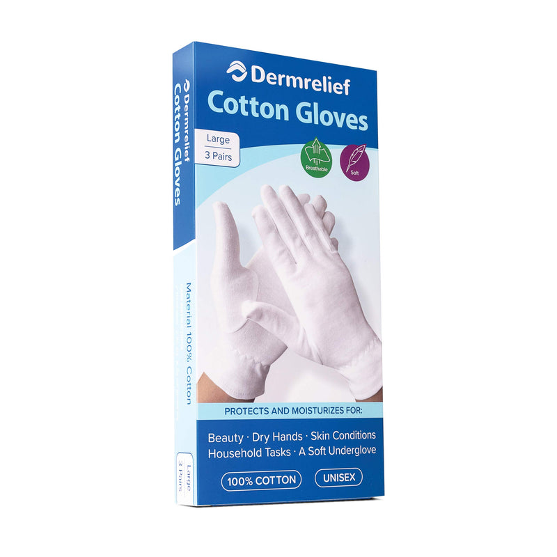 [Australia] - Dermrelief Cotton Gloves - for Beauty, Dry Hands, Skin Conditions, Uniforms, Formal Wear, Inspections or Glove Liner (Large, 3 Pairs) Large (6 Count) 