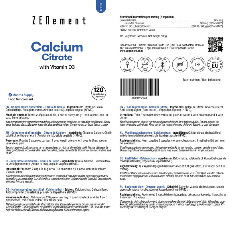 [Australia] - Calcium Citrate, with Vitamin D3, 120 Capsules | for Bone Health and to Prevent Low Levels of Calcium in The Blood | Additives Free, Allergen Free, Non-GMO | Zenement 