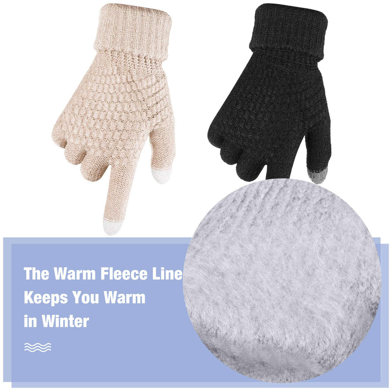 [Australia] - 2 Pairs Women's Winter Touch Screen Gloves Warm Fleece Lined Knit Gloves Elastic Cuff Winter Texting Gloves Black, Beige 