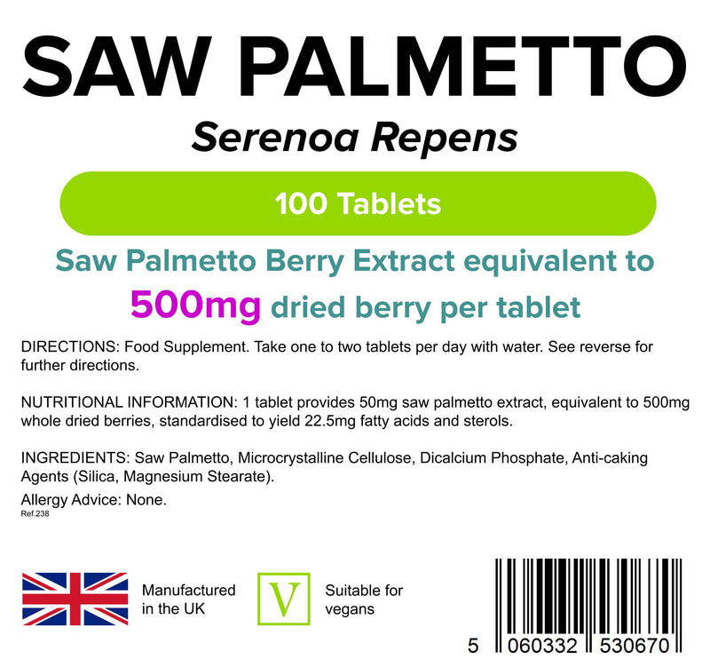 [Australia] - Lindens Saw Palmetto 500mg Tablets - 100 Pack - Standardised to Provide 22.5mg Fatty Acids & Sterols, Popular Supplement for Middle Aged Men - UK Manufacturer, Letterbox Friendly 