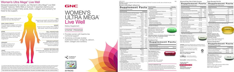 [Australia] - GNC Women's Ultra Mega Live Well Vitapak Program | Full Body Supplement Support | 3-Step Multivitamin System for Optimal Health | Contains Omega-3, Calcium, Biotin, Collagen & Cranberry | 30 Packs 