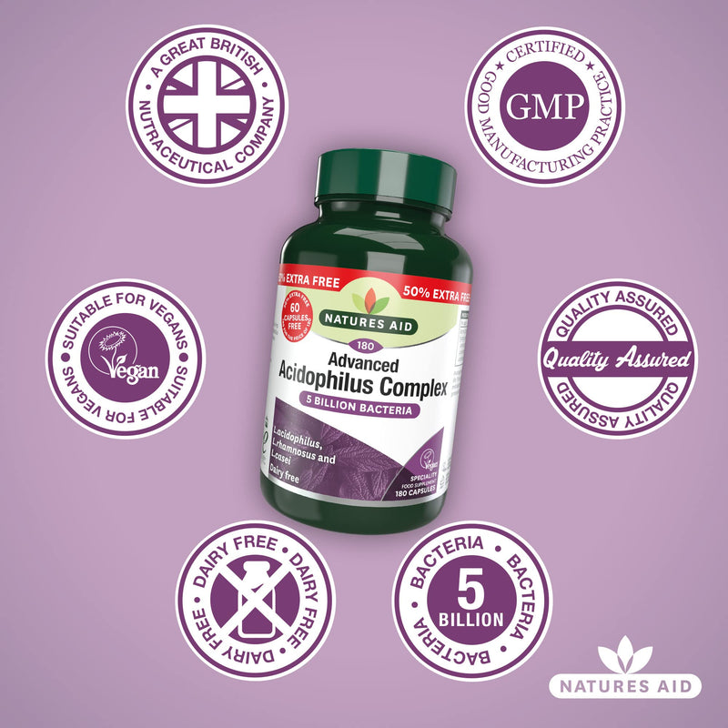 [Australia] - Natures Aid Acidophilus Complex, 5 Billion Bacteria, 180 Capsules (Lactobacillus Acidophilus, Lactobacillus Rhamnosus, Lactobacillus Casei, Good Bacteria, Shelf Stable, Vegan Society Approved) 