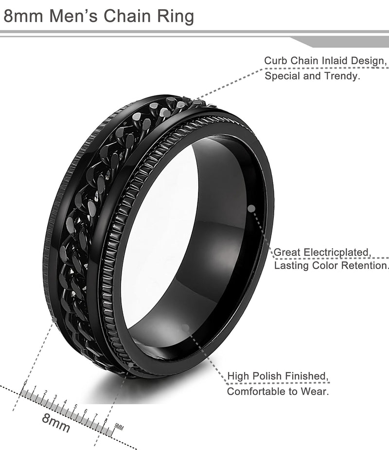 [Australia] - FIBO STEEL Stainless Steel 8mm Rings for Men Chain Rings Biker Grooved Edge, Size 7-14… Black 