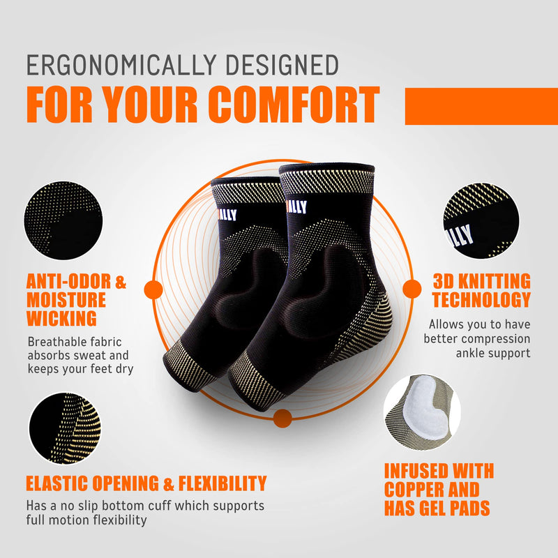 [Australia] - NeoAlly Copper Infused Ankle Brace Silicone Gel Ankle Support Compression Sleeves for Pain Relief, Plantar Fasciitis, Achilles Tendonitis, Large, 1 Pair Large (1 Pair) 