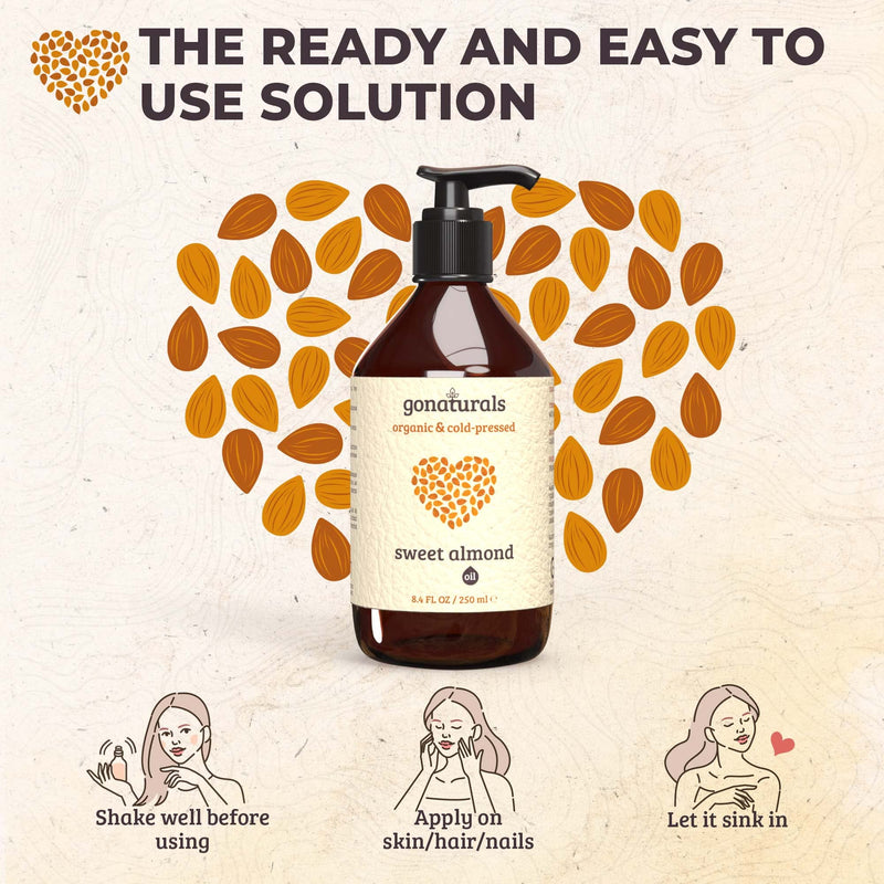 [Australia] - GoNaturals Organic Sweet Almond Oil - Organic Almond Oil: Effective Almond Oil For Skin & Hair Growth Oil - Ideal Sweet Almond Oil For Skin With Body Oil For Dry Skin - Almond Massage Oil, 250ml 