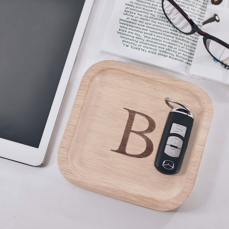 [Australia] - Solid Wood Personalized Initial Letter Jewelry Display Tray Decorative Trinket Dish Gifts For Rings Earrings Necklaces Bracelet Watch Holder (6"x6" Sq Natural "B") ุ6"x6" Sq Natural "B" 