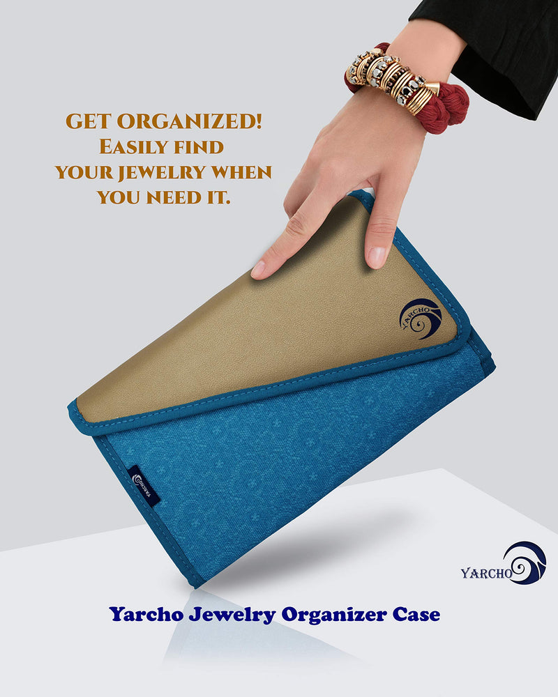 [Australia] - Travel Jewelry Organizer - Velvet Travel Jewelry Storage Bag for Accessories - Carrying Pouch for Earrings, Necklaces, Bracelets, Watches - Luxurious Gold & Blue Clutch with Multiple Compartments, Travel Ring Holder 