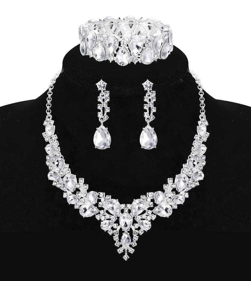 [Australia] - Udalyn Crystal Bridal Jewelry Sets for Women Necklace Earrings Bracelet Set for Wedding Rhinestone Bridesmaid Gifts fit with Wedding Dress A:3pcs-Silver Tone 