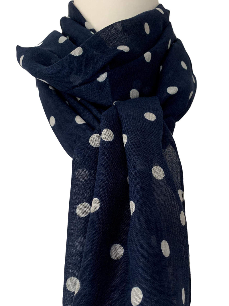[Australia] - Purple Possum ® Navy Polka Dot Scarf Dark Blue White Spotted Wrap Ladies Cotton Blend Spotty Fair Trade Shawl 