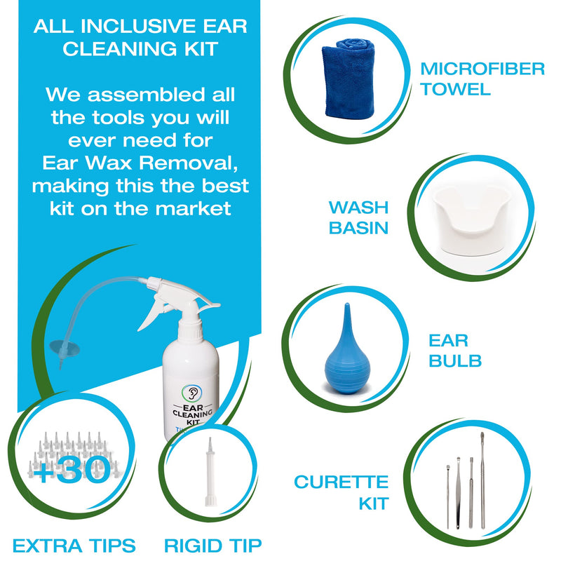 [Australia] - Ear Wax Removal Tool by Tilcare - Ear Irrigation Flushing System for Adults & Kids - Perfect Ear Cleaning Kit - Includes Basin, Syringe, Curette Kit, Towel and 30 Disposable Tips 