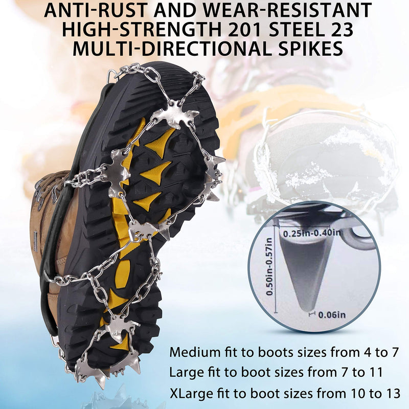 [Australia] - NewDoar Ice Cleats Crampons Traction,19 Spikes Stainless Steel Anti Slip Ice Snow Grips for Women, Kids, Men Shoes Boots, Safe Protect for Mountaineering, Climbing, Hiking, Walking, Fishing,M, L, XL Black Medium 