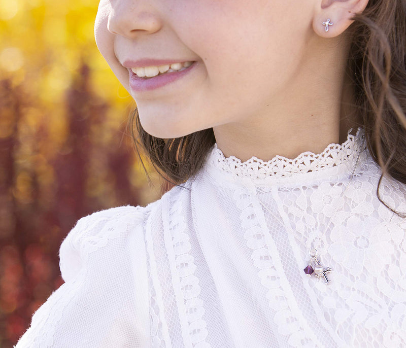 [Australia] - Girl's Sterling Silver First Communion Swarovski-Created Birthstone Cross Necklace with Cultured Pearl 05-may - 16-18" Adjustable 
