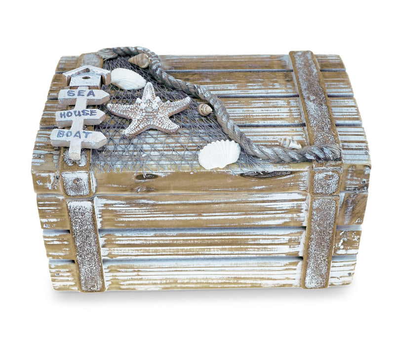 [Australia] - Puzzled Baja Medium Rustic Wood Nautical Jewelry Box, 6.75" x 3.75" Handcrafted Hinged Lid Starfish Seashell Decor Keepsake Desk Organizer or Gift Box for Rings & Trinkets - Beach Home Decor Stash 