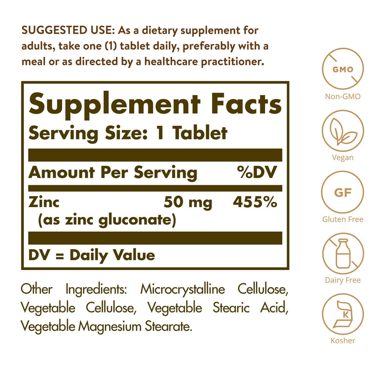 [Australia] - Solgar Zinc 50 mg, 100 Tablets - Zinc for Healthy Skin, Taste & Vision - Immune System & Antioxidant Support - Supports Cell Growth & DNA Formation - Non GMO, Vegan, Gluten Free - 100 Servings 100 Count (Pack of 1) 