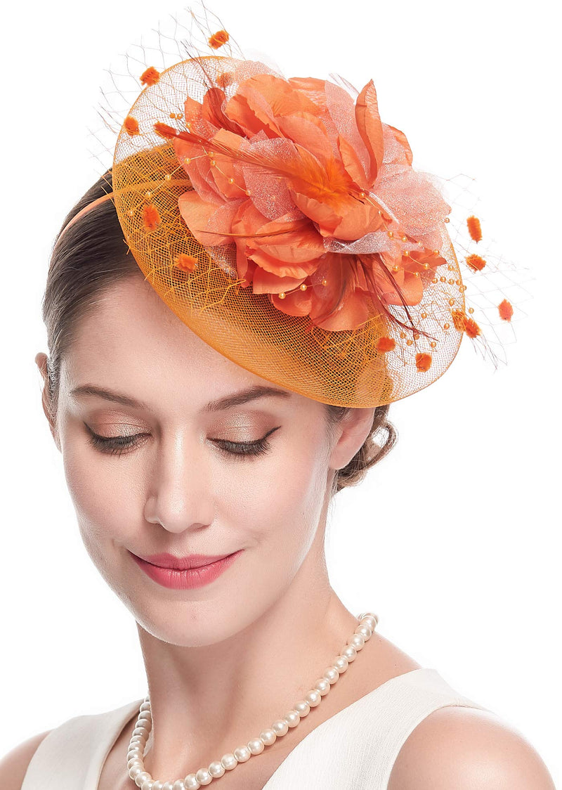 [Australia] - Fascinators Hats for Womens 50s Headwear with Veil Flower Cocktail Wedding Tea Party Church Derby Hat 1-4-orange 