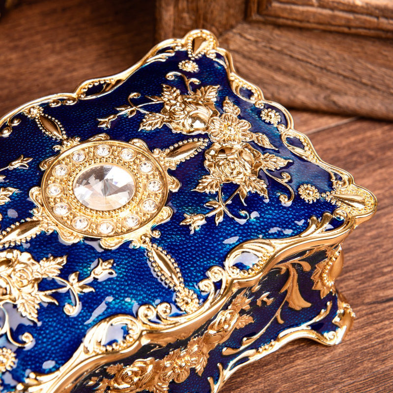[Australia] - Feyarl Vintage Trinket Box Jewelry Box Wedding Ring Box Keepsake Box Treasure Box Chest Ornate Antique Finish Engraved with Dividers (4.72 x 3.34 x 2.24inch) Blue 