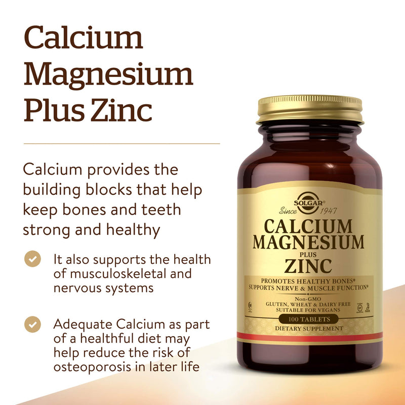 [Australia] - Solgar Calcium Magnesium Plus Zinc, 100 Tablets - Promotes Healthy Bones and Teeth - Supports Nerve & Muscle Function - Non GMO, Vegan, Gluten Free, Dairy Free, Kosher, Halal - 33 Servings 100 Count (Pack of 1) 