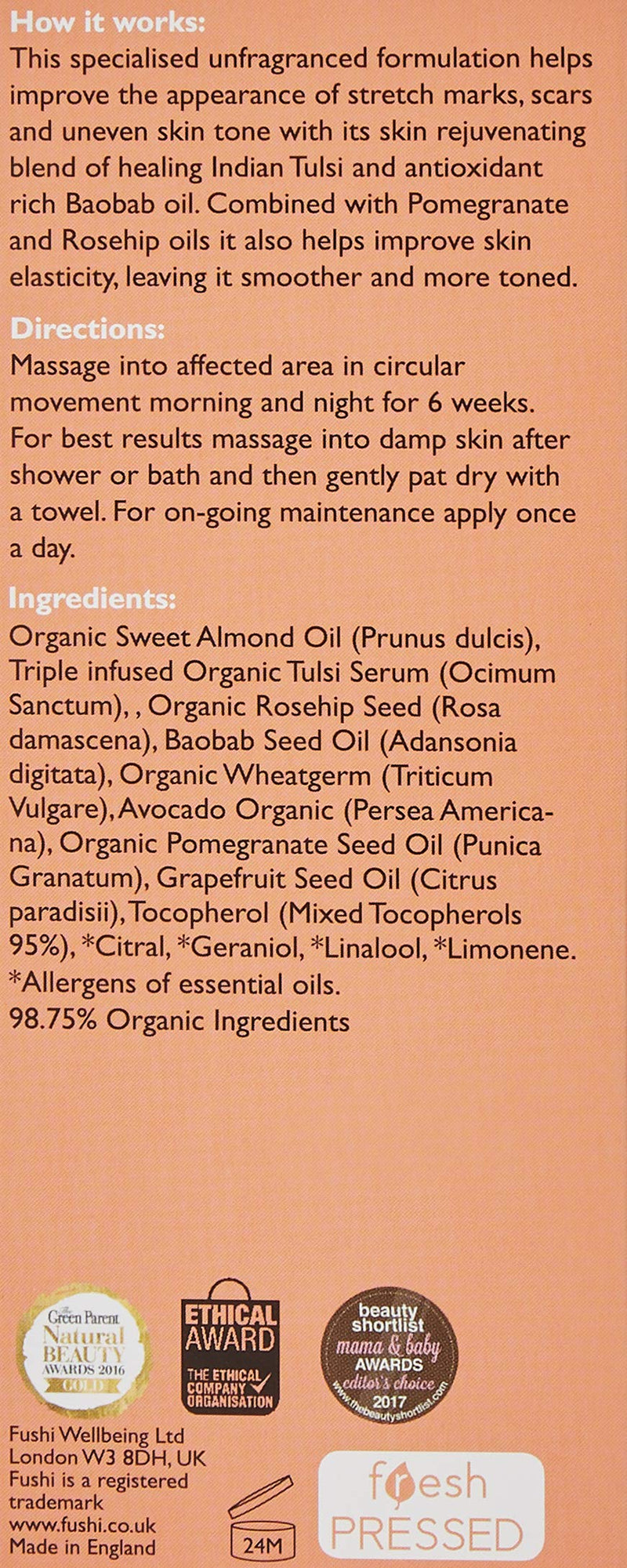 [Australia] - Fushi Really Good Stretch Mark Oil 100ml | Best for Stretch Marks, Scars, Dehydrated Skin & Uneven Skin Tone | Unfragranced Natural Formulation | Triple Strength Indian Tulsi |Ethical & Vegan 