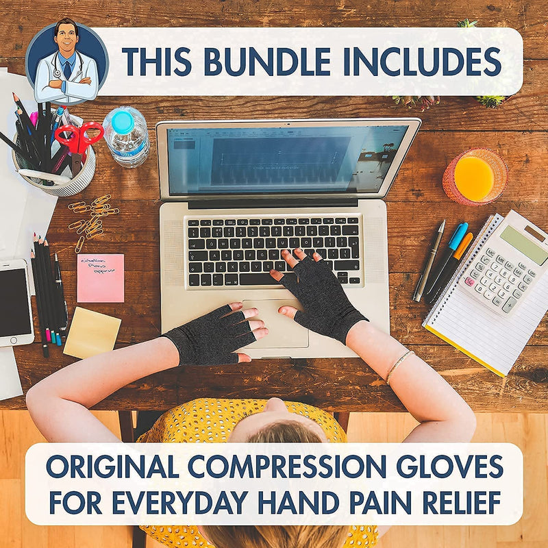 [Australia] - Dr. Frederick's Original Fingerless Compression Glove Bundle - 3 Pairs - Original, Grippy, and Copper Compression Gloves - For Women & Men - Triple Pain Relief - Medium 