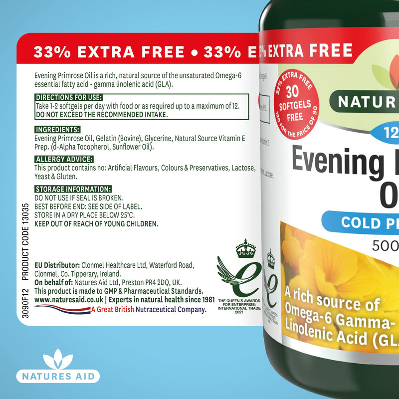 [Australia] - Natures Aid Evening Primrose Oil, 500 mg, 120 Softgels (Pure Cold Pressed Evening Primrose Oil, Omega-6 Gamma Linolenic Acid, Made in the UK) 120 Count (Pack of 1) 