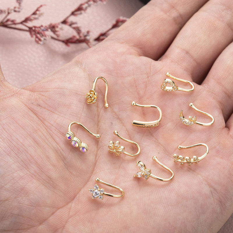 [Australia] - YOVORO 9Pcs Fake Nose Rings Hoop for Women Girls Faux Cartilage Tragus Ring Nose Cuff Non Piercing Jewelry Set Gold 