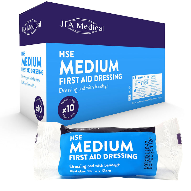 [Australia] - JFA Medical HSE Medium Sterile First Aid Wound Dressing Bandage with Pad 12 x 12cm - Pack of 10 Bandages 10 Count (Pack of 1) 