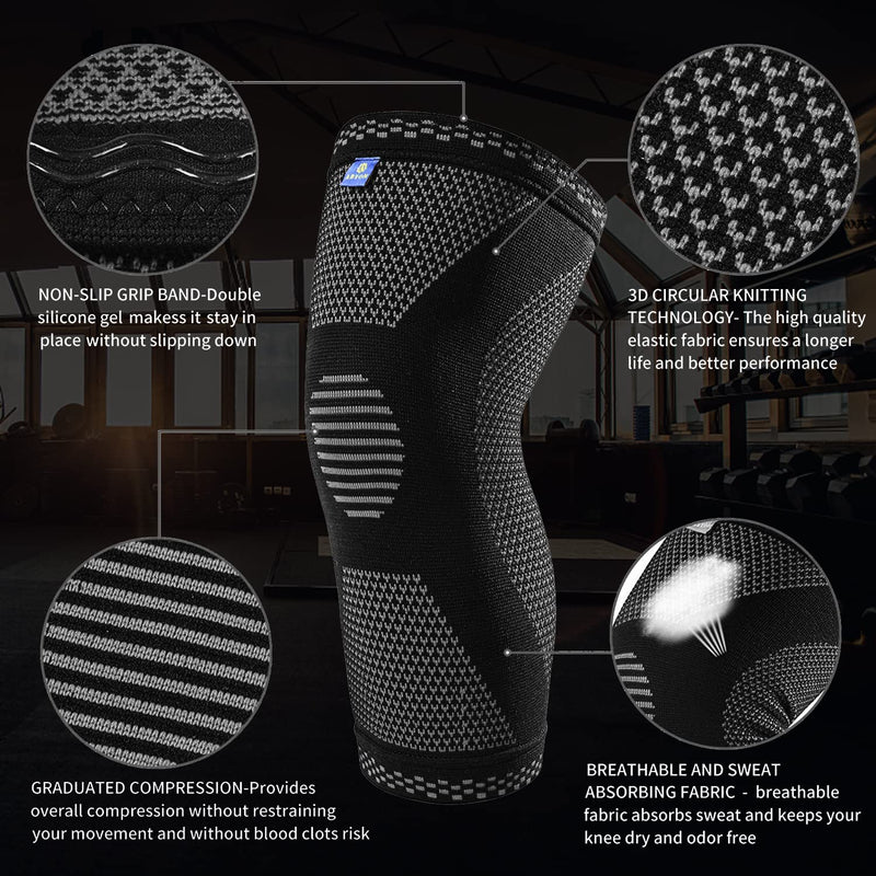 [Australia] - ABYON Professional Knee Braces for Knee Pain (2pack),Knee Compression Sleeve for Meniscus Tear,Arthritis, ACL,ACL,Arthritis,Joint Pain Relief,Sports,Running.Medical Grade Knee Sleeve Support for Men Women Black-gray Large (Pack of 2) 