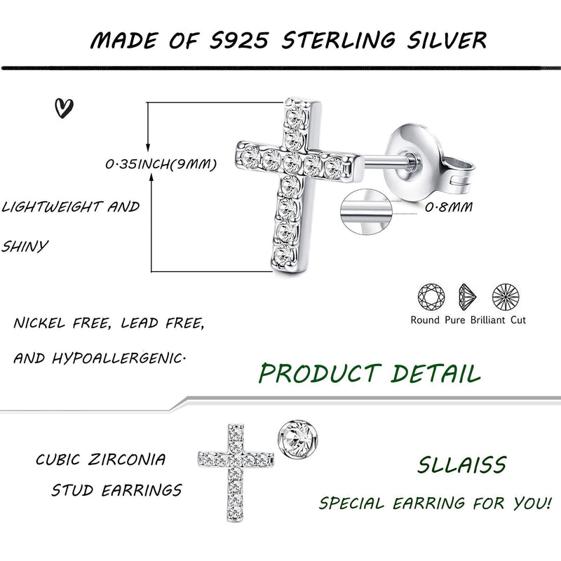 [Australia] - Sllaiss Sterling Silver Cross Stud Earrings for Women Tiny Cubic Zirconia Cross Cartilage Earrings Stud Hypoallergenic 