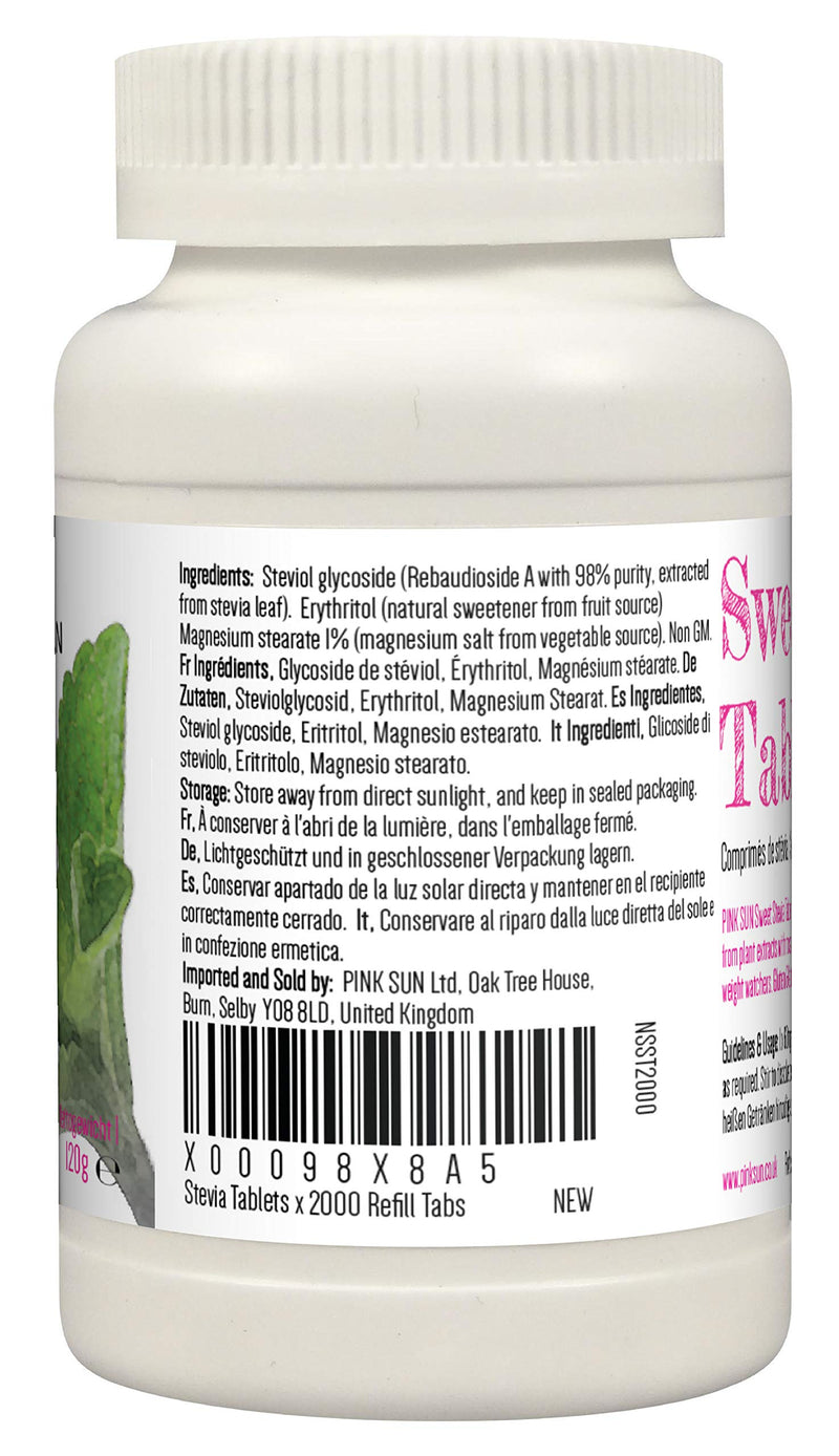 [Australia] - PINK SUN Stevia Tablets x 2000 Refill Tabs (Top up for 500 tablet dispenser) Sweetener Sugar Alternative Replacement Vegetarian Vegan Gluten Free Low Carb Non GM Zero Calories Bulk Buy 