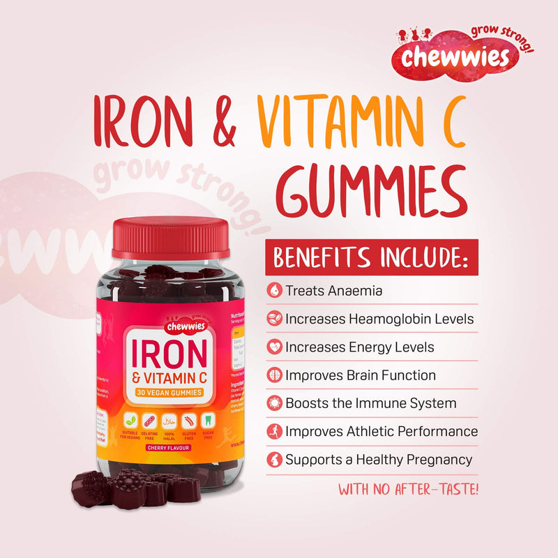 [Australia] - Iron & Vitamin C - Vegan Chewable Gummies - Sugar Free Ferrous Sulfate Iron | Helps Strengthen Your Immune System | 1-Month Supply by Chewwies Vitamins 