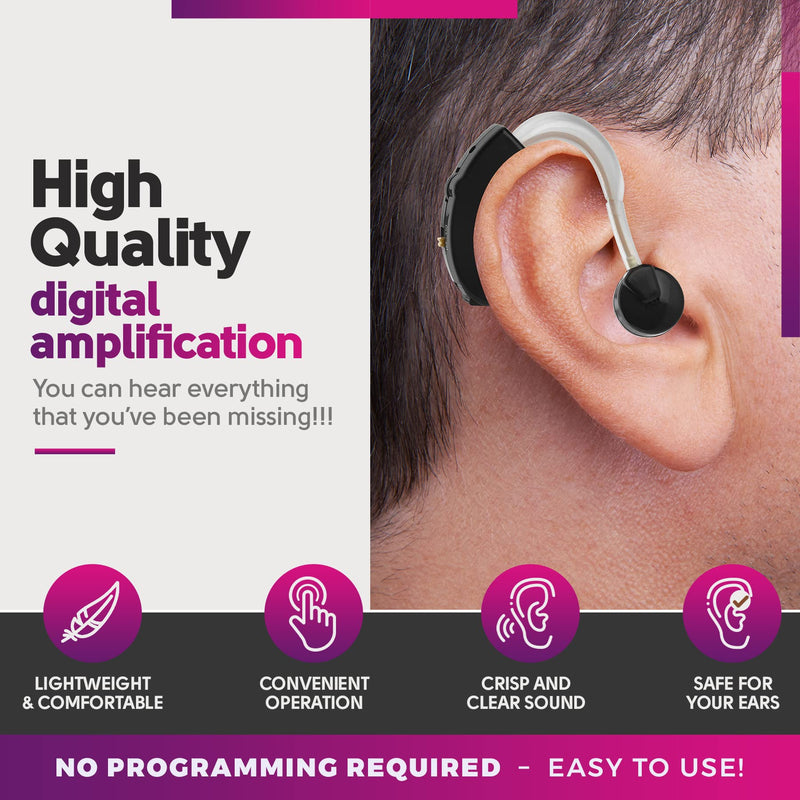 [Australia] - Digital Hearing Amplifiers - Set of 2 Small BTE Sound Amplifiers, a Behind the Ear Personal Amplification Device and Sound Enhancer Aids with Noise Reducing Feature for Adults, Seniors & Women, Black 