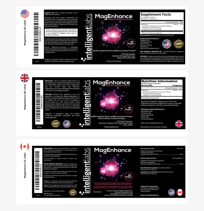 [Australia] - MagEnhance Magnesium Supplement by Intelligent Labs, Magnesium-L-Threonate Complex with Magnesium Glycinate and Taurate, 90 Capsules 