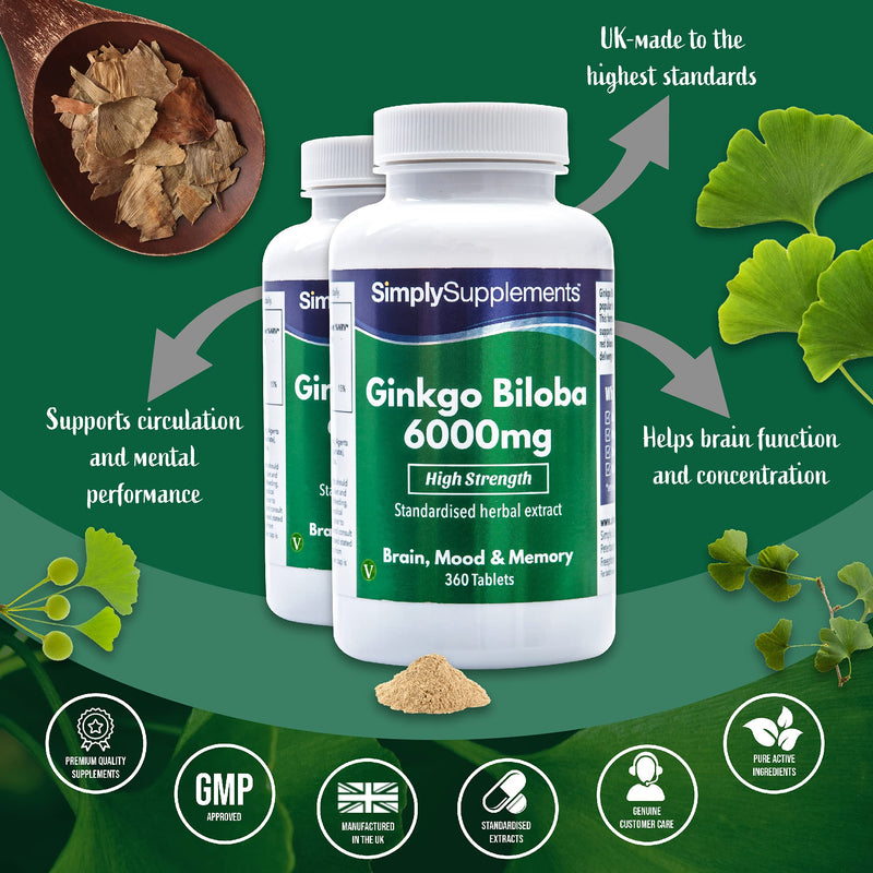 [Australia] - Ginkgo Biloba Tablets 6000mg | Supports Circulation and Mental Performance | Vegan & Vegetarian Friendly | 360 Tablets = Up to 1 Year Supply | Manufactured in The UK 