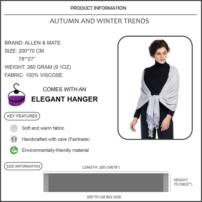 [Australia] - ALLEN & MATE Pashmina Shawls and Wraps Scarf for Women for Evening Dress Bridesmaid Wedding Bridal Winter Warm Long Large Scarves Silver 