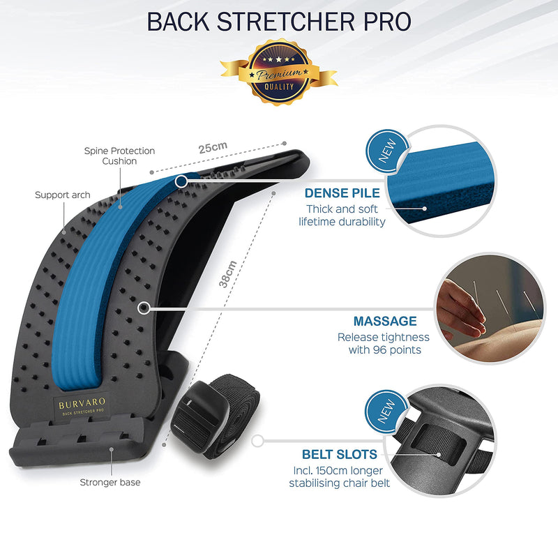 [Australia] - BURVARO Back Stretcher Pro New Edition, Back Pain Relief & Back Stretcher Massager - Corrects Posture, for Circulation & Flexibility - with Strap - Black & Salt Blue Spine Board 