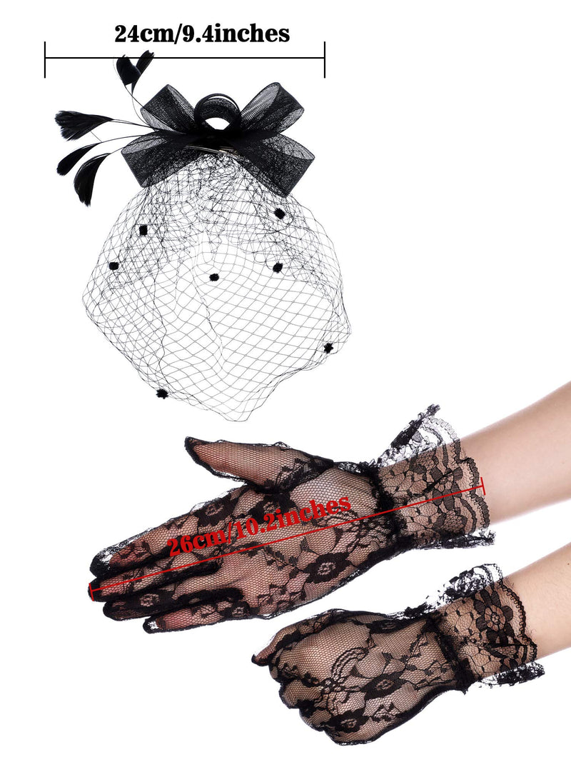 [Australia] - Bowknot Fascinator Hat Feathers Veil Mesh Headband and Short Lace Gloves Floral Lace Gloves Black 