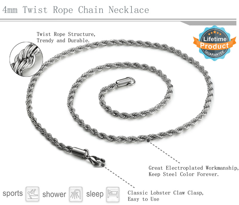 [Australia] - FIBO STEEL 4MM Stainless Steel Twist Rope Chain Necklace for Men Women,16-36 inches 30.0 Inches 