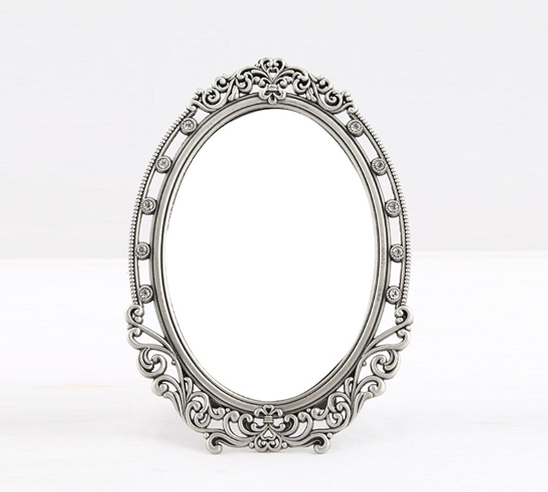 [Australia] - SEHAMANO Vintage Oval Frame Makeup Metal Mirror with Crystal, Decorative Back Stand Travel Mirror (Tin (Grey)) Tin (Grey) 