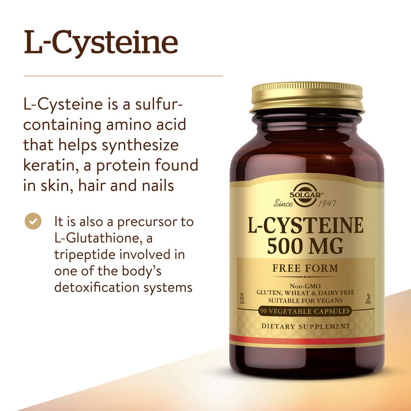 [Australia] - Solgar L-Cysteine 500 mg, 90 Vegetable Capsules - Free Form Amino Acid - Keratin Support for Skin, Hair & Nails - Glutathione Support - Vegan, Gluten Free, Dairy Free, Kosher - 90 Servings 