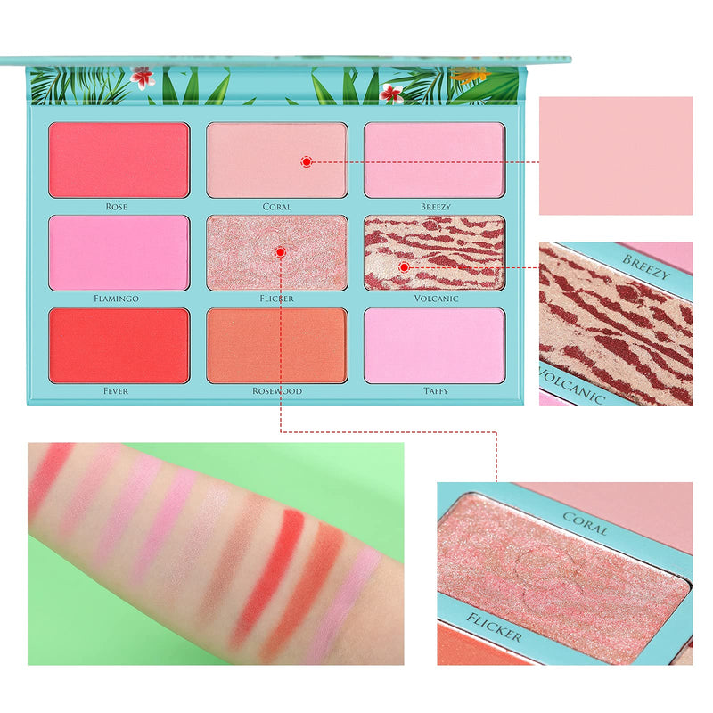[Australia] - Docolor Blush Palette,9 Colors Tropiacal Blush Makeup Palette Matte Powder Bright Shimmer Face Bronzer Blush,Natural Color & Highlight for All Skin Tones,Cruelty-free Glow Waterproof for Face Blusher 