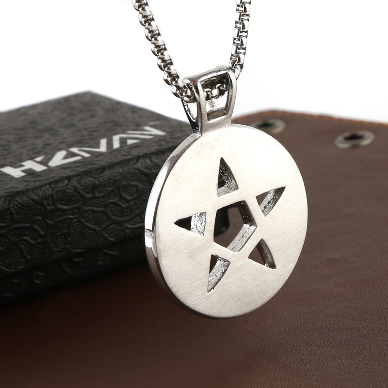 [Australia] - HZMAN Supernatural Devils Trap Symbol Sigil Stainless Steel Pendant Necklace Pentagram Anti Possession Silver 