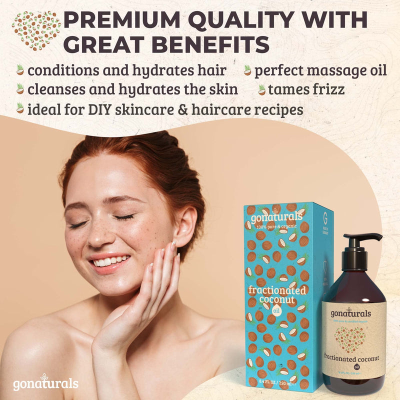 [Australia] - GONATURALS Fractionated Coconut Oil for Skin - Organic Coconut Oil for Skin and Hair: Ideal for Acne & DIY Moisturisers, Pure Coconut Oil for Skin Serving As A Massage Oil & Coconut Hair Oil, 250ml 
