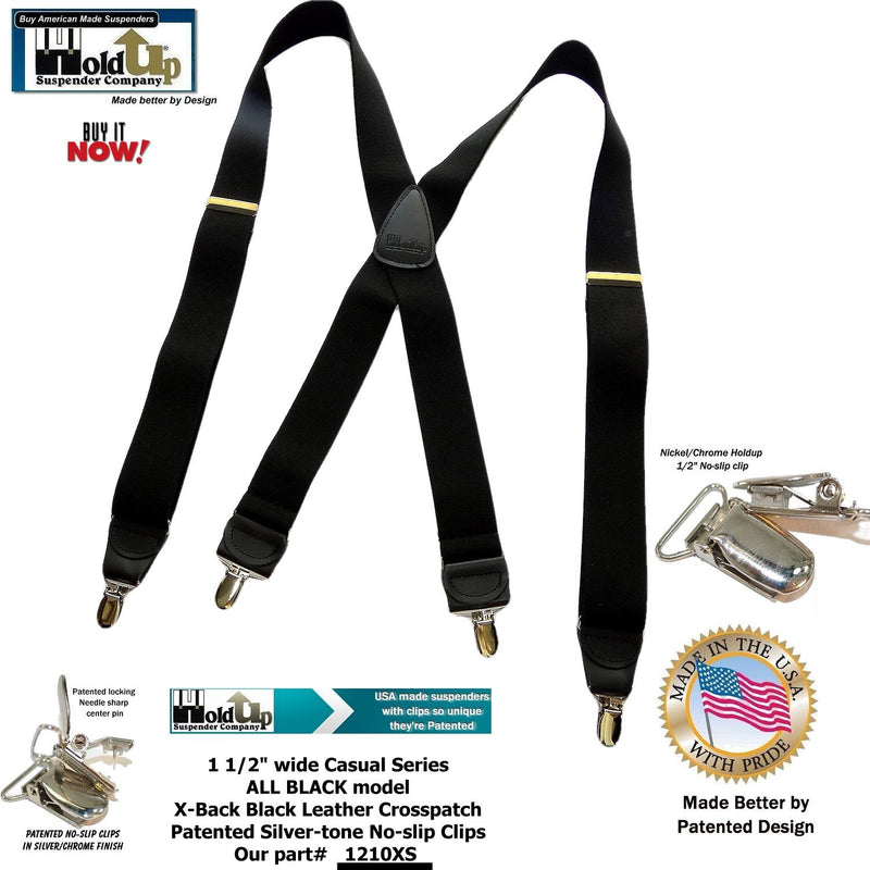 [Australia] - Holdup Suspender Company USA made All Black X-back style Suspenders with silver-tone No-slip Clips 