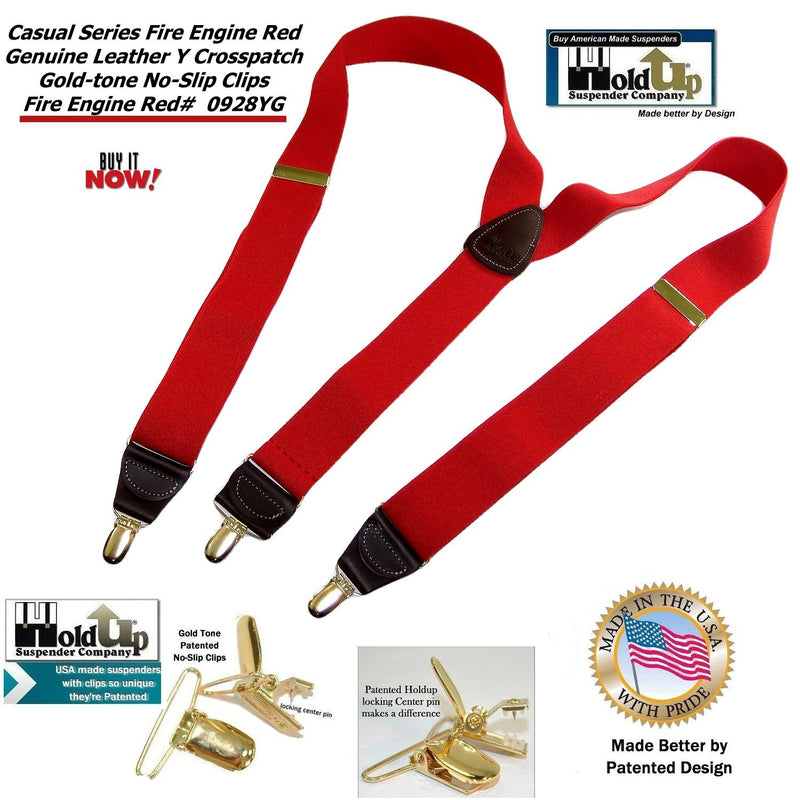 [Australia] - Holdup Y-back Fire Engine bright Red Casual Series Suspenders with Patented Gold-tone No-slip Clips 